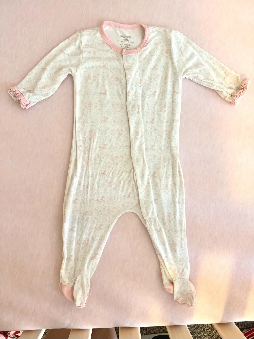 Magnetic Me Baby Girl One-Piece Footed Pajama Sleeper with Pink Ruffle Trim- 0-3